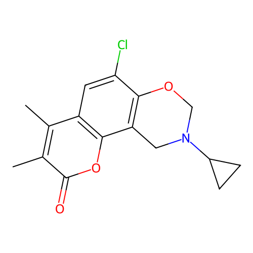 6-chloro-9-cyclopropyl-3,4-dimethyl-9,10-dihydrochromeno[8,7-e][1,3]oxazin-2(8H)-one structure