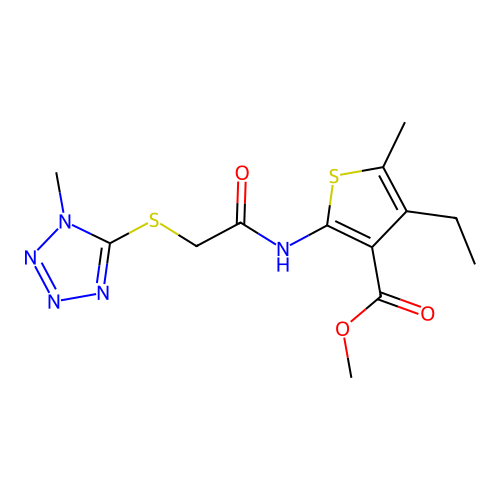 methyl 4-ethyl-5-methyl-2-({[(1-methyl-1H-tetrazol-5-yl)sulfanyl]acetyl}amino)thiophene-3-carboxylate structure