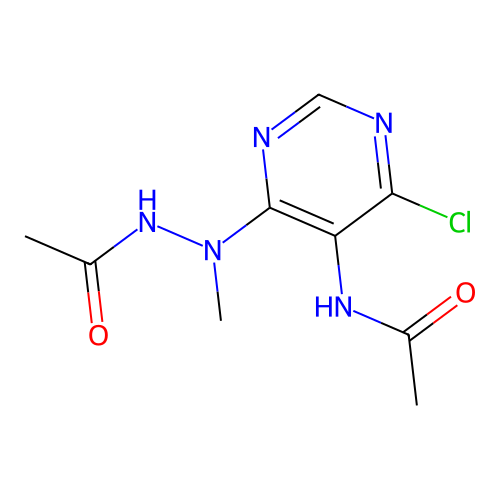 N-[4-(2-acetyl-1-methylhydrazinyl)-6-chloropyrimidin-5-yl]acetamide structure