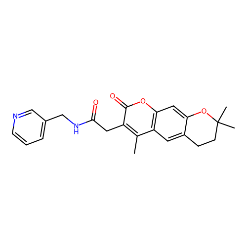 N-(pyridin-3-ylmethyl)-2-(4,8,8-trimethyl-2-oxo-2,6,7,8-tetrahydropyrano[3,2-g]chromen-3-yl)acetamide structure