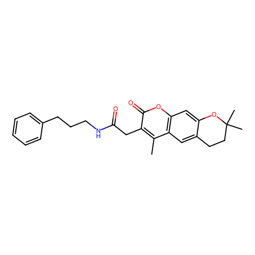 N-(3-phenylpropyl)-2-(4,8,8-trimethyl-2-oxo-2,6,7,8-tetrahydropyrano[3,2-g]chromen-3-yl)acetamide structure