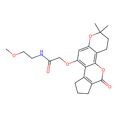 2-((2,2-dimethyl-6-oxo-3,4,6,7,8,9-hexahydro-2H-cyclopenta[c]pyrano[2,3-h]chromen-10-yl)oxy)-N-(2-methoxyethyl)acetamide structure