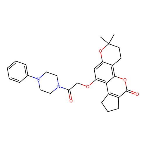 2,2-dimethyl-10-(2-oxo-2-(4-phenylpiperazin-1-yl)ethoxy)-3,4,8,9-tetrahydro-2H-cyclopenta[c]pyrano[2,3-h]chromen-6(7H)-one structure