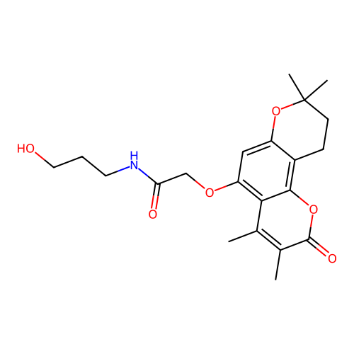 N-(3-hydroxypropyl)-2-((3,4,8,8-tetramethyl-2-oxo-2,8,9,10-tetrahydropyrano[2,3-f]chromen-5-yl)oxy)acetamide structure