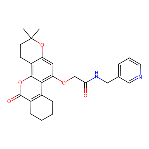 2-((2,2-dimethyl-6-oxo-2,3,4,6,7,8,9,10-octahydrobenzo[c]pyrano[2,3-h]chromen-11-yl)oxy)-N-(pyridin-3-ylmethyl)acetamide structure