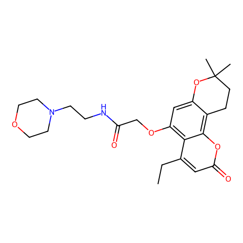 2-((4-ethyl-8,8-dimethyl-2-oxo-2,8,9,10-tetrahydropyrano[2,3-f]chromen-5-yl)oxy)-N-(2-morpholinoethyl)acetamide structure
