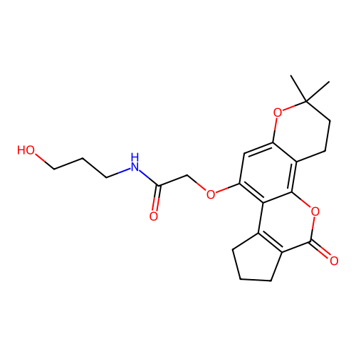 2-((2,2-dimethyl-6-oxo-3,4,6,7,8,9-hexahydro-2H-cyclopenta[c]pyrano[2,3-h]chromen-10-yl)oxy)-N-(3-hydroxypropyl)acetamide structure
