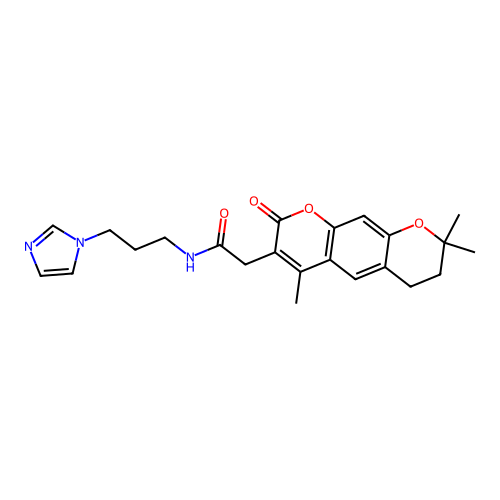 N-(3-(1H-imidazol-1-yl)propyl)-2-(4,8,8-trimethyl-2-oxo-2,6,7,8-tetrahydropyrano[3,2-g]chromen-3-yl)acetamide structure