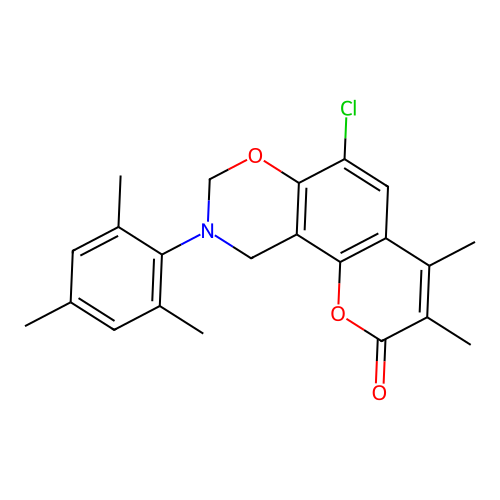6-chloro-9-mesityl-3,4-dimethyl-9,10-dihydrochromeno[8,7-e][1,3]oxazin-2(8H)-one structure