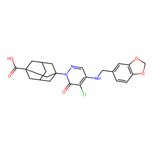 (1r,3s,5R,7S)-3-(4-((benzo[d][1,3]dioxol-5-ylmethyl)amino)-5-chloro-6-oxopyridazin-1(6H)-yl)adamantane-1-carboxylic acid structure