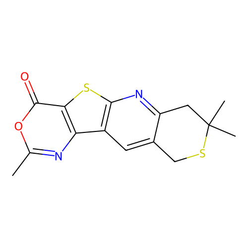 2,8,8-trimethyl-7,10-dihydro-4H,8H-thiopyrano[3'',4'':5',6']pyrido[3',2':4,5]thieno[3,2-d][1,3]oxazin-4-one structure