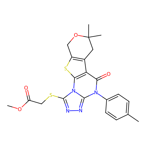 methyl {[7,7-dimethyl-4-(4-methylphenyl)-5-oxo-4,5,6,9-tetrahydro-7H-pyrano[4',3':4,5]thieno[3,2-e][1,2,4]triazolo[4,3-a]pyrimidin-1-yl]sulfanyl}acetate structure