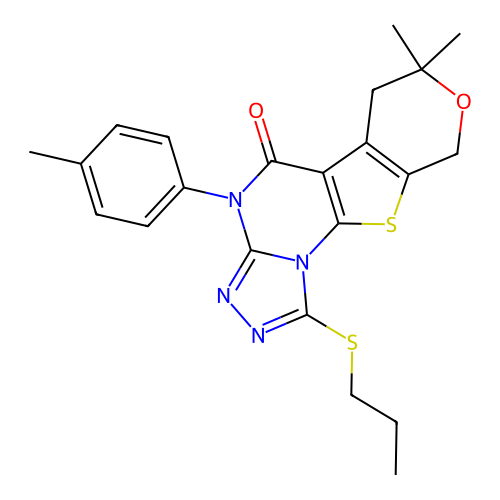 7,7-dimethyl-1-(propylthio)-4-(p-tolyl)-6,7-dihydro-4H-pyrano[4',3':4,5]thieno[3,2-e][1,2,4]triazolo[4,3-a]pyrimidin-5(9H)-one structure