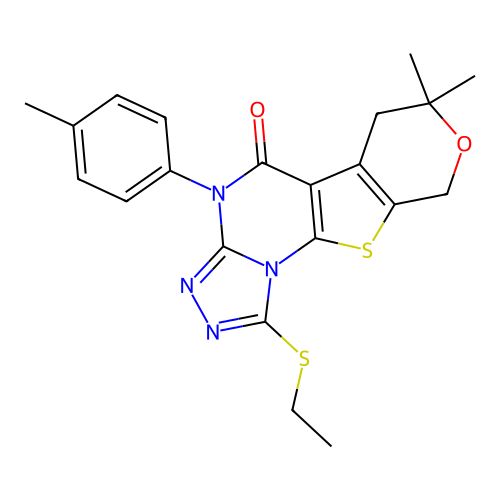 1-(ethylsulfanyl)-7,7-dimethyl-4-(4-methylphenyl)-6,9-dihydro-7H-pyrano[4',3':4,5]thieno[3,2-e][1,2,4]triazolo[4,3-a]pyrimidin-5(4H)-one structure