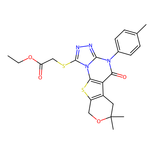 ethyl {[7,7-dimethyl-4-(4-methylphenyl)-5-oxo-4,5,6,9-tetrahydro-7H-pyrano[4',3':4,5]thieno[3,2-e][1,2,4]triazolo[4,3-a]pyrimidin-1-yl]sulfanyl}acetate structure