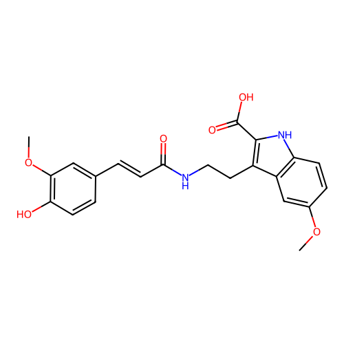 (E)-3-(2-(3-(4-hydroxy-3-methoxyphenyl)acrylamido)ethyl)-5-methoxy-1H-indole-2-carboxylic acid structure