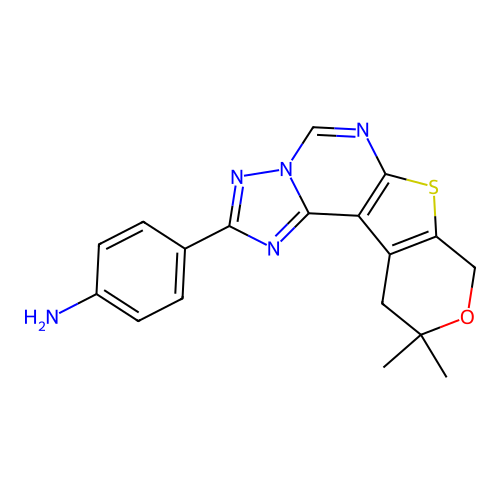 4-(10,10-dimethyl-10,11-dihydro-8H-pyrano[4',3':4,5]thieno[3,2-e][1,2,4]triazolo[1,5-c]pyrimidin-2-yl)aniline structure