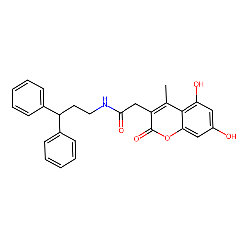 2-(5,7-dihydroxy-4-methyl-2-oxo-2H-chromen-3-yl)-N-(3,3-diphenylpropyl)acetamide structure