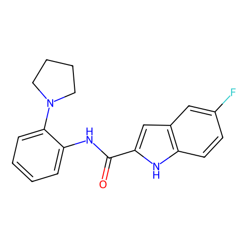 5-fluoro-N-(2-pyrrolidin-1-ylphenyl)-1H-indole-2-carboxamide structure