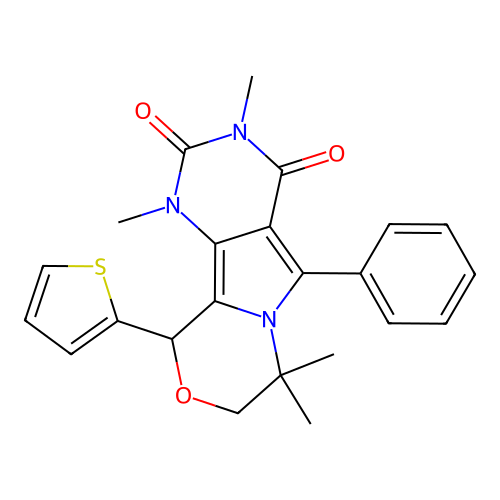 1,3,7,7-tetramethyl-5-phenyl-10-(thiophen-2-yl)-1,7,8,10-tetrahydro-2H-pyrimido[4',5':3,4]pyrrolo[2,1-c][1,4]oxazine-2,4(3H)-dione structure