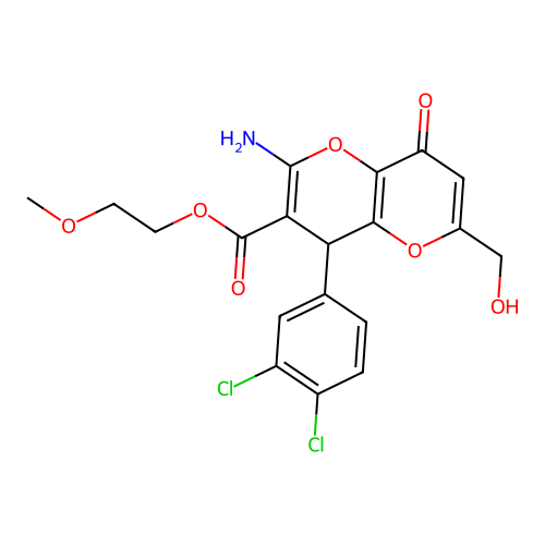 2-methoxyethyl 2-amino-4-(3,4-dichlorophenyl)-6-(hydroxymethyl)-8-oxo-4,8-dihydropyrano[3,2-b]pyran-3-carboxylate structure