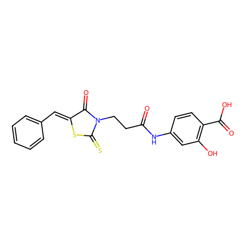 4-({3-[(5Z)-5-benzylidene-4-oxo-2-thioxo-1,3-thiazolidin-3-yl]propanoyl}amino)-2-hydroxybenzoic acid structure