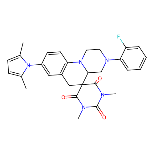 8'-(2,5-dimethylpyrrol-1-yl)-3'-(2-fluorophenyl)-1,3-dimethylspiro[1,3-diazinane-5,5'-2,4,4a,6-tetrahydro-1H-pyrazino[1,2-a]quinoline]-2,4,6-trione structure