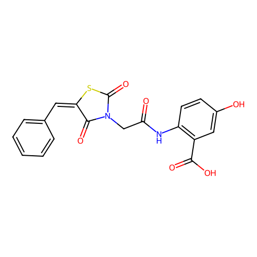 2-({[(5E)-5-benzylidene-2,4-dioxo-1,3-thiazolidin-3-yl]acetyl}amino)-5-hydroxybenzoic acid structure
