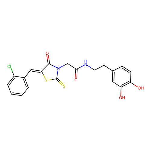 (Z)-2-(5-(2-chlorobenzylidene)-4-oxo-2-thioxothiazolidin-3-yl)-N-(3,4-dihydroxyphenethyl)acetamide structure
