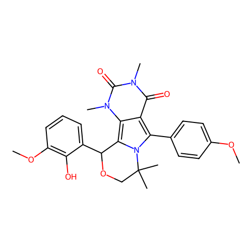 10-(2-hydroxy-3-methoxyphenyl)-5-(4-methoxyphenyl)-1,3,7,7-tetramethyl-1,7,8,10-tetrahydro-2H-pyrimido[4',5':3,4]pyrrolo[2,1-c][1,4]oxazine-2,4(3H)-dione structure
