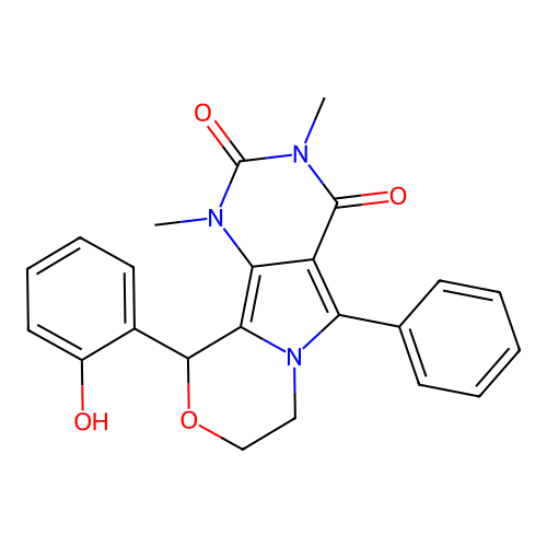 10-(2-hydroxyphenyl)-1,3-dimethyl-5-phenyl-1,7,8,10-tetrahydro-2H-pyrimido[4',5':3,4]pyrrolo[2,1-c][1,4]oxazine-2,4(3H)-dione structure