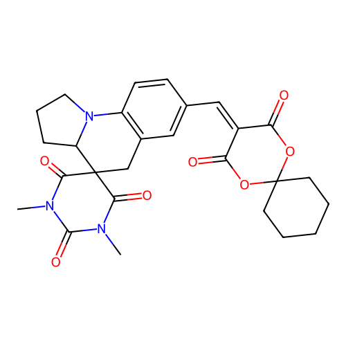 7'-((2,4-dioxo-1,5-dioxaspiro[5.5]undecan-3-ylidene)methyl)-1,3-dimethyl-2',3',3a',5'-tetrahydro-1H,1'H-spiro[pyrimidine-5,4'-pyrrolo[1,2-a]quinoline]-2,4,6(3H)-trione structure