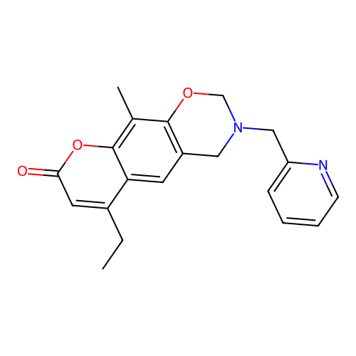 6-ethyl-10-methyl-3-(pyridin-2-ylmethyl)-3,4-dihydro-2H,8H-chromeno[6,7-e][1,3]oxazin-8-one structure