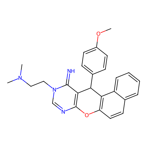 2-(11-imino-12-(4-methoxyphenyl)-11,12-dihydro-10H-benzo[5,6]chromeno[2,3-d]pyrimidin-10-yl)-N,N-dimethylethanamine structure