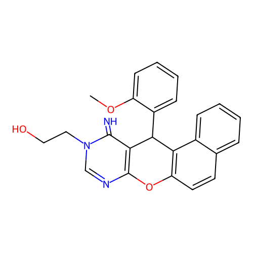 2-(11-imino-12-(2-methoxyphenyl)-11,12-dihydro-10H-benzo[5,6]chromeno[2,3-d]pyrimidin-10-yl)ethanol structure