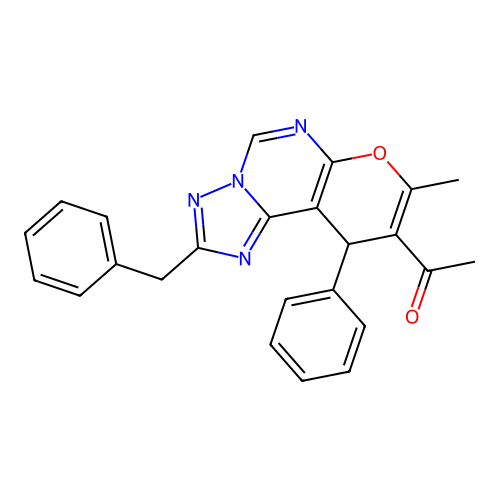 1-(2-benzyl-8-methyl-10-phenyl-10H-pyrano[3,2-e][1,2,4]triazolo[1,5-c]pyrimidin-9-yl)ethanone structure