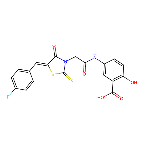 5-({[(5Z)-5-(4-fluorobenzylidene)-4-oxo-2-thioxo-1,3-thiazolidin-3-yl]acetyl}amino)-2-hydroxybenzoic acid structure