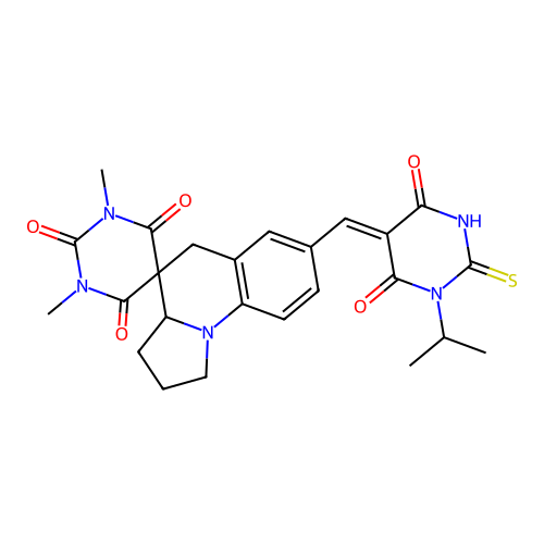 (Z)-7'-((1-isopropyl-2-mercapto-4,6-dioxo-1,6-dihydropyrimidin-5(4H)-ylidene)methyl)-1,3-dimethyl-2',3',3a',5'-tetrahydro-1H,1'H-spiro[pyrimidine-5,4'-pyrrolo[1,2-a]quinoline]-2,4,6(3H)-trione structure