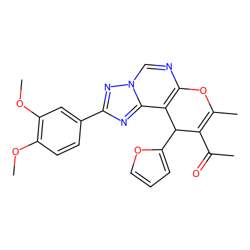 1-(2-(3,4-dimethoxyphenyl)-10-(furan-2-yl)-8-methyl-10H-pyrano[3,2-e][1,2,4]triazolo[1,5-c]pyrimidin-9-yl)ethanone structure