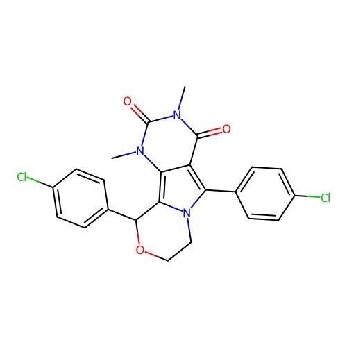 5,10-bis(4-chlorophenyl)-1,3-dimethyl-1,7,8,10-tetrahydro-2H-pyrimido[4',5':3,4]pyrrolo[2,1-c][1,4]oxazine-2,4(3H)-dione structure