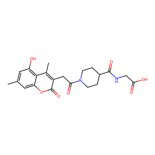 2-(1-(2-(5-hydroxy-4,7-dimethyl-2-oxo-2H-chromen-3-yl)acetyl)piperidine-4-carboxamido)acetic acid structure