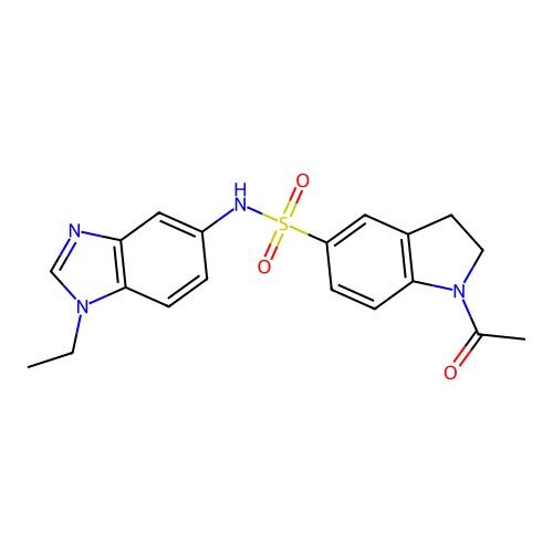1-acetyl-N-(1-ethyl-1H-benzimidazol-5-yl)-2,3-dihydro-1H-indole-5-sulfonamide structure
