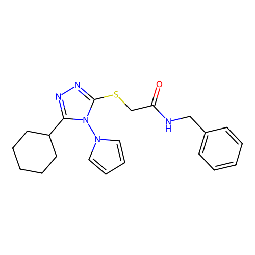 N-benzyl-2-[(5-cyclohexyl-4-pyrrol-1-yl-1,2,4-triazol-3-yl)sulfanyl]acetamide structure