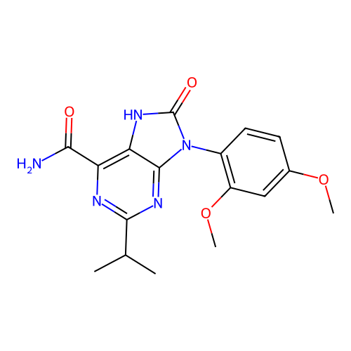 9-(2,4-dimethoxyphenyl)-8-oxo-2-propan-2-yl-7H-purine-6-carboxamide structure