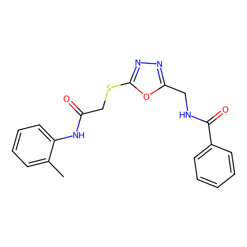 N-((5-((2-oxo-2-(o-tolylamino)ethyl)thio)-1,3,4-oxadiazol-2-yl)methyl)benzamide structure