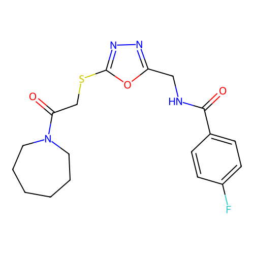 N-[(5-{[2-(azepan-1-yl)-2-oxoethyl]sulfanyl}-1,3,4-oxadiazol-2-yl)methyl]-4-fluorobenzamide structure
