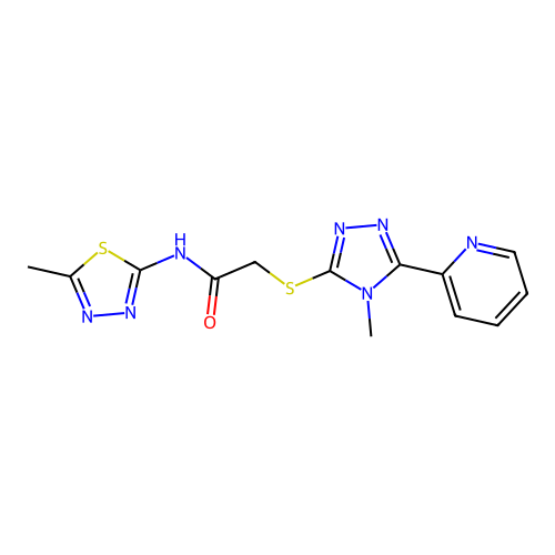 2-[(4-methyl-5-pyridin-2-yl-1,2,4-triazol-3-yl)sulfanyl]-N-(5-methyl-1,3,4-thiadiazol-2-yl)acetamide structure