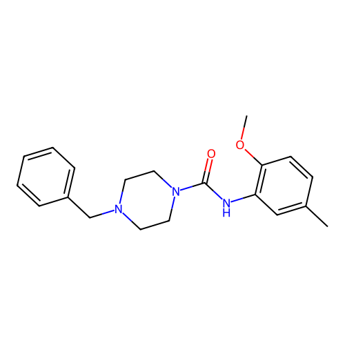 4-benzyl-N-(2-methoxy-5-methylphenyl)piperazine-1-carboxamide structure
