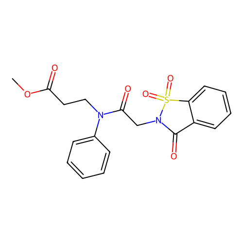 methyl 3-(2-(1,1-dioxido-3-oxobenzo[d]isothiazol-2(3H)-yl)-N-phenylacetamido)propanoate structure