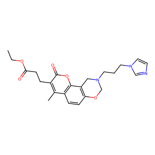 ethyl 3-(9-(3-(1H-imidazol-1-yl)propyl)-4-methyl-2-oxo-2,8,9,10-tetrahydrochromeno[8,7-e][1,3]oxazin-3-yl)propanoate structure